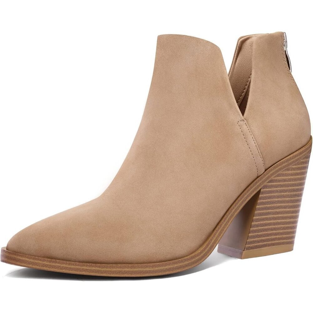 Mysoft Women's Light Brown Pu Chunky Mid Heel Slip on Toe Stacked Ankle Boots